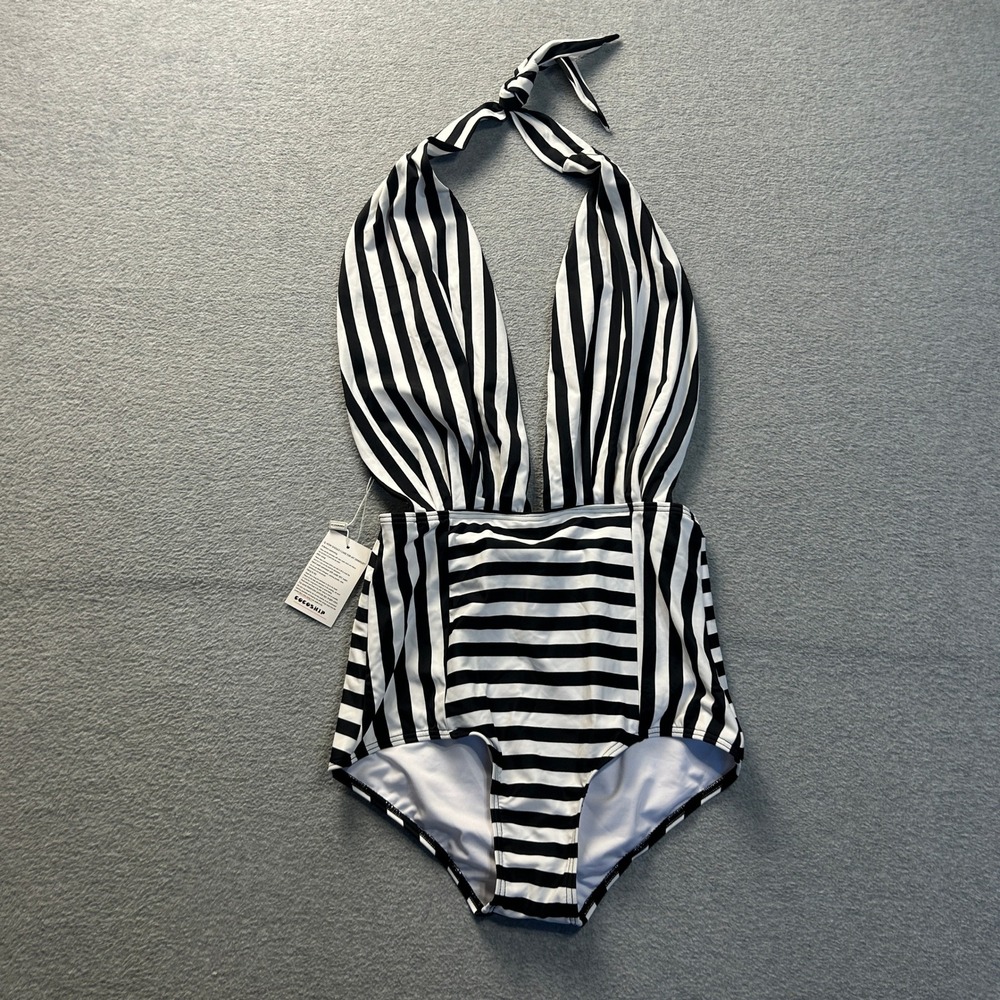 Cocoship Halter One Piece Swimsuit Womens Size 8 Black White Striped Beachwear